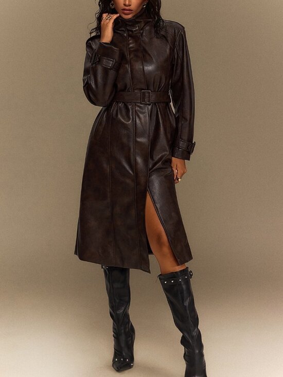 Jackets & Blazers - Brown Elegant Women's Loose Funnel Neck Zipper Faux Leather Trench Coat